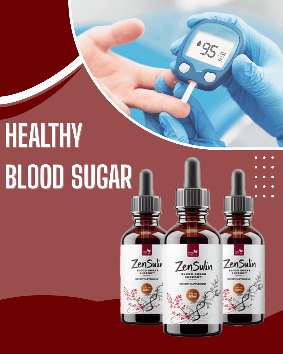 ZenSulin natural blood sugar support shown with glucose meter and bottles