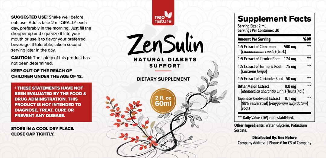 ZenSulin official supplement facts label showing cinnamon cassia 500mg, licorice root 174mg, turmeric 75mg, coriander 50mg, bitter melon and Japanese knotweed resveratrol