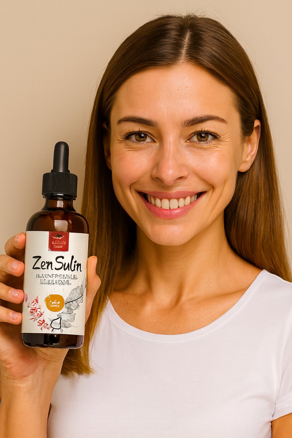 Happy customer holding ZenSulin natural blood sugar support liquid drops bottle
